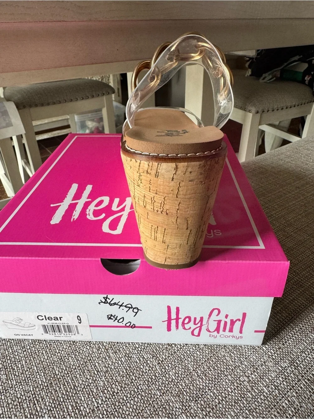 HeyGirl by Corky’s Clear Cork Wedge Sandals with Gold Chain Detail -NWT!